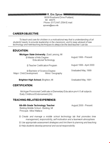 sample resume objective for teacher template