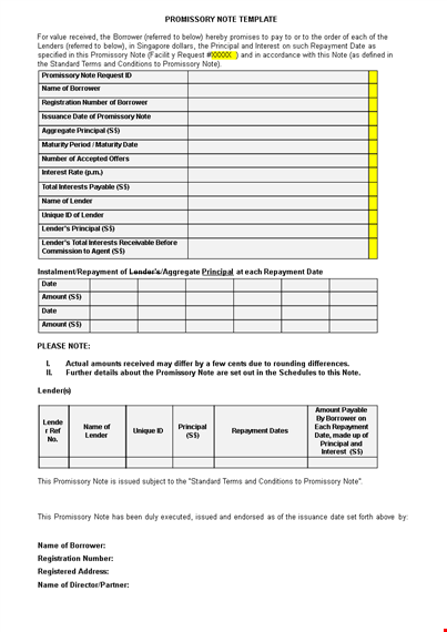 promissory note template - create a legal agreement between borrower and lender template