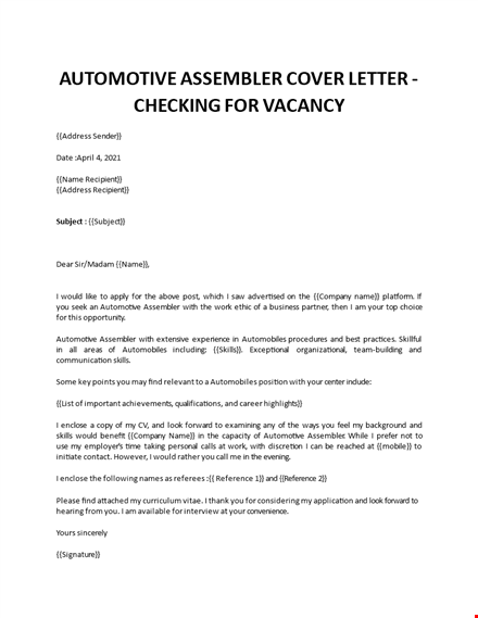 automotive assembler cover letter  template