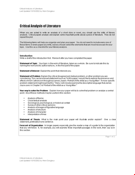 critical literary analysis template - analyzing and crafting a strong statement template