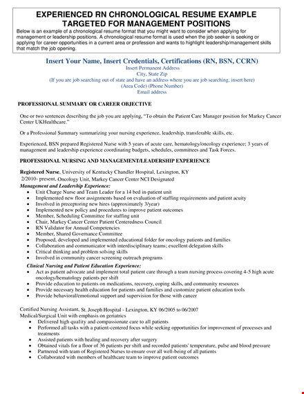 experienced rn resume | management, experience, leadership, patient care template