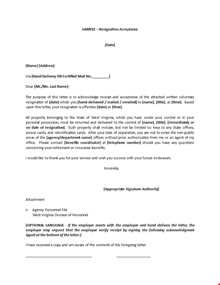 accepting employee resignation: sample resignation letter template