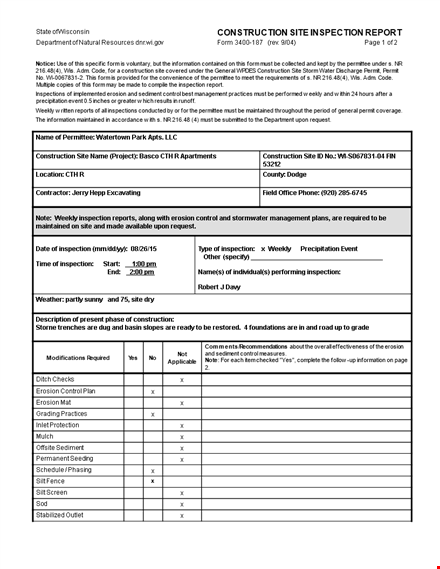 construction site report - control, inspection, erosion prevention template