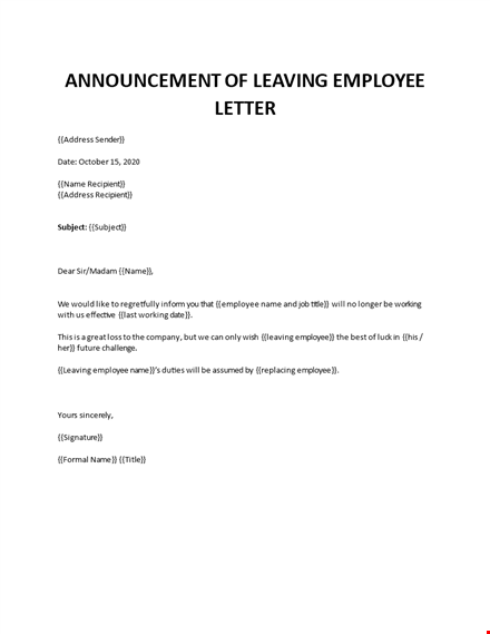 announcement of departing employee letter  template