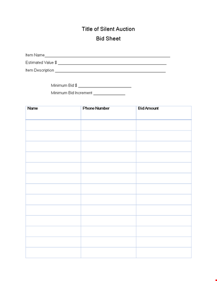 silent auction bid sheet - track bids with ease and set minimum prices template