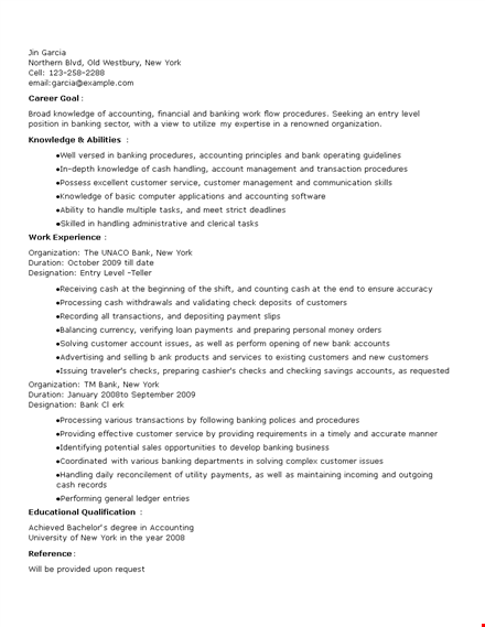 sample entry level banking resume template