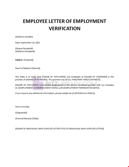 letter of employment verification template template