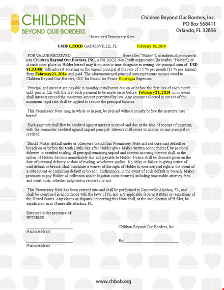 unsecured promissory note template word template