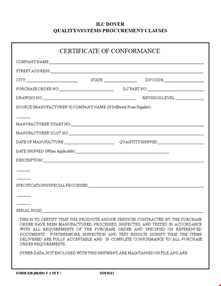order certificate of conformance | download now template
