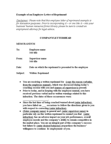 employee reprimand: sample letter of reprimand for company, written warning template