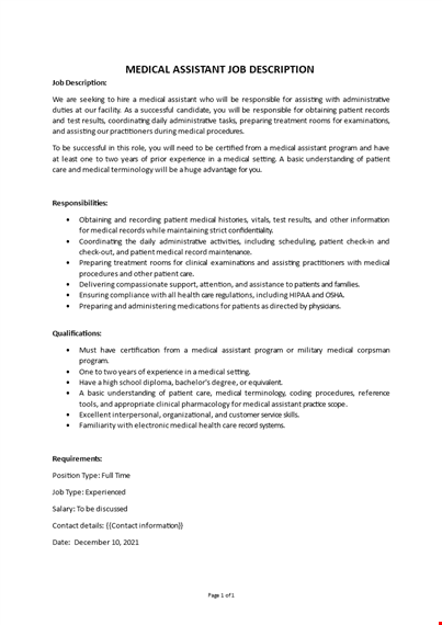 medical assistant job description  template