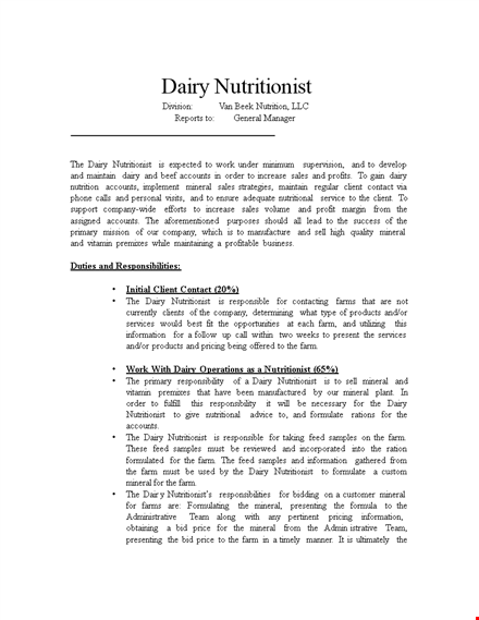 dairy nutritionist job description template