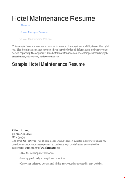 hotel maintenance resume template