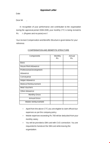 free appraisal letter template - download for monthly allowance & appraisal template