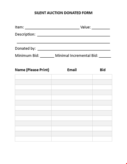 silent auction bid sheet - manage bids for donated items template
