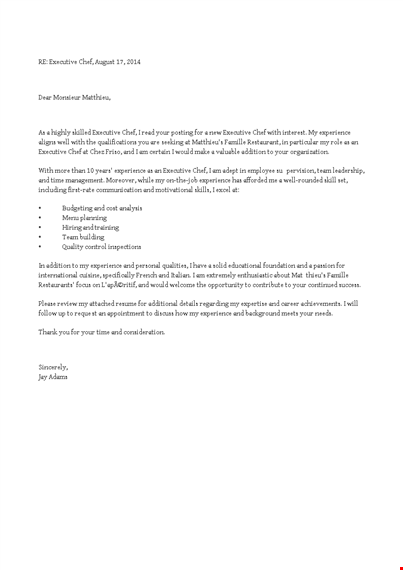 job application letter for executive chef template