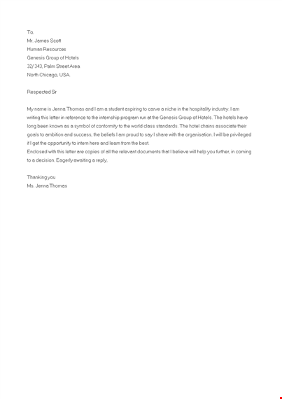 hospitality internship cover letter template