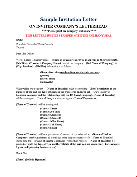 company formal invitation letter template
