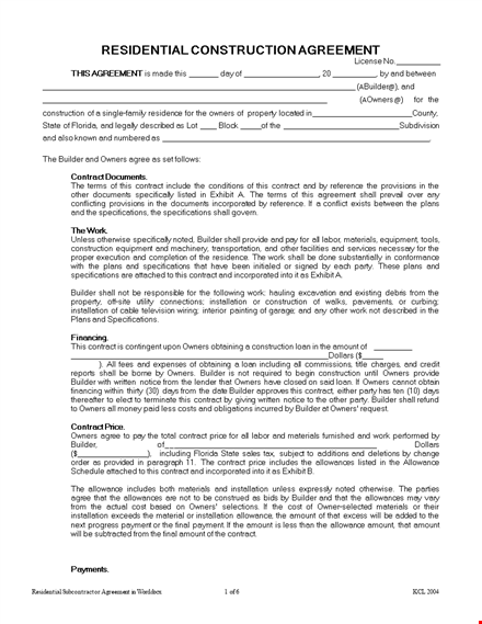 residential subcontractor agreement in word template