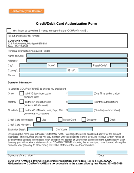 get a secure credit card authorization form template for your company template