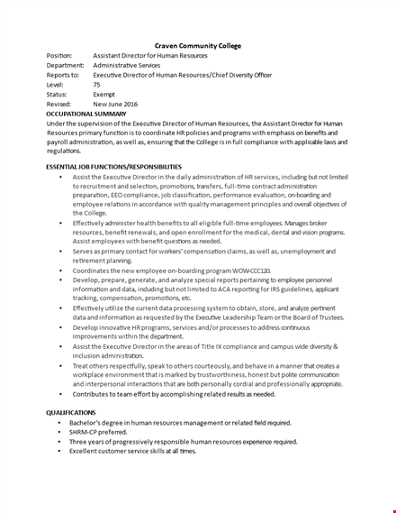 human resources assistant directorjob description template