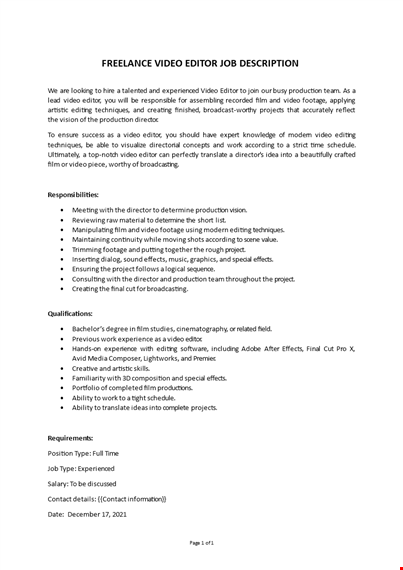 freelance video editor job description template