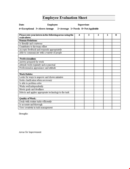 employee evaluation sheet template - assess employee performance in above-average areas template