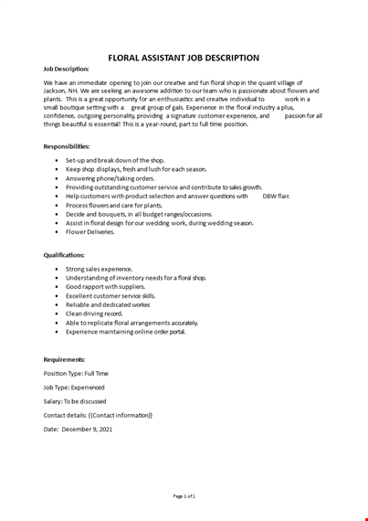 floral assistant job description template