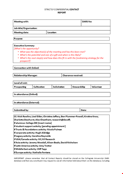 meeting contact report template template