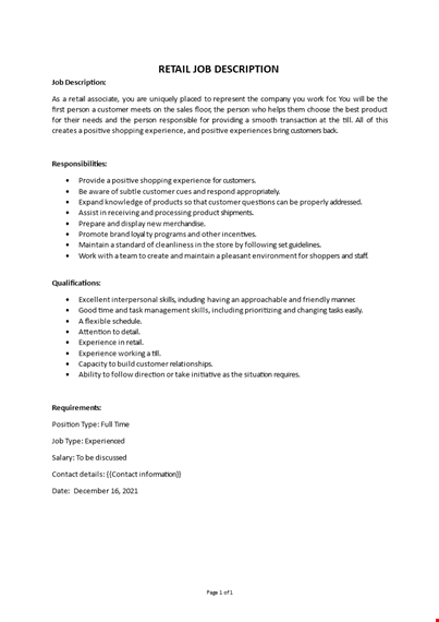 retail associate job description template