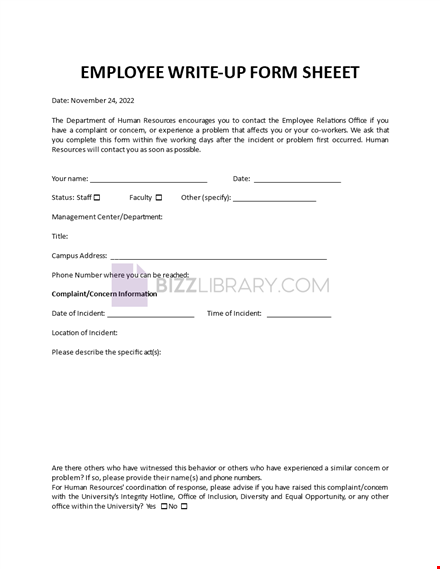 employee write-up sheet template