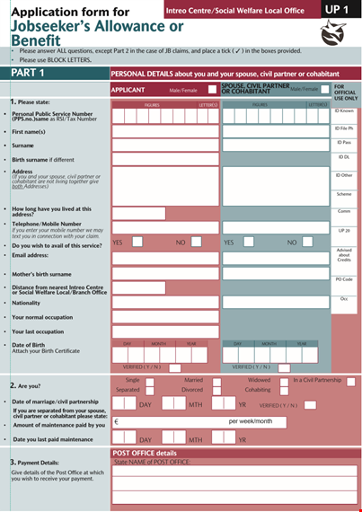 job seeker allowance application form template