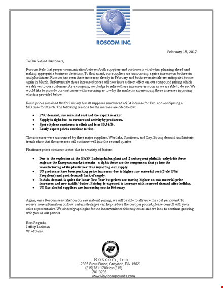 important: price increase letter to inform demand due to supplier increases template