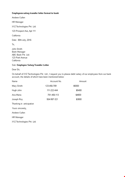 employee salary transfer letter to bank template