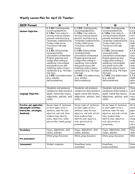 teacher weekly lesson plan template template