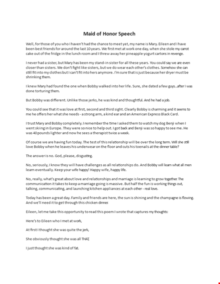 maid of honour speech  template