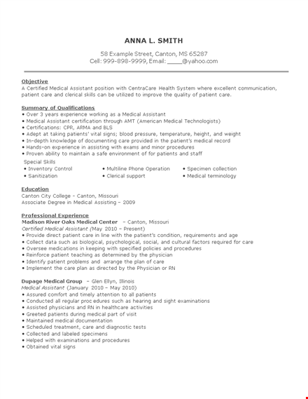 medical assistant resume example for patient care in canton template