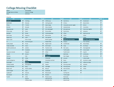 college moving checklist - essential items to check template