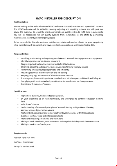 hvac installer job description template