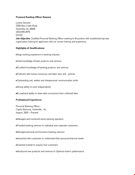 personal banking officer resume template