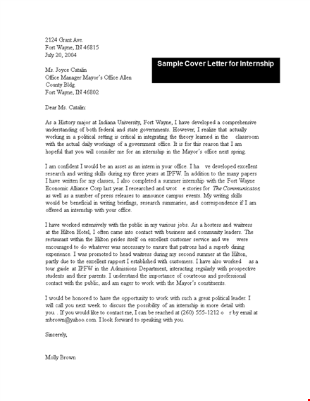 sample cover letter for internship template