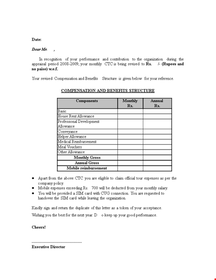 sample executive director hr appraisal letter template editable template