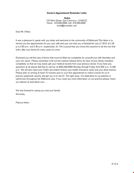 doctor's appointment reminder letter template template