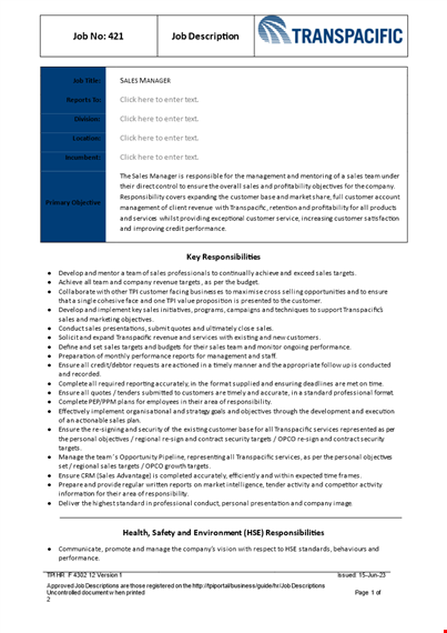 sales manager job description template