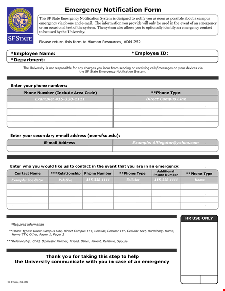 interactive emergency notification form for employee | phone system | campus template