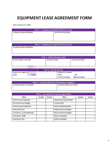 equipment lease agreement form template