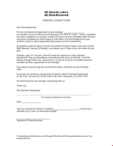 parental consent form template for volunteers | sinai roosevelt template template