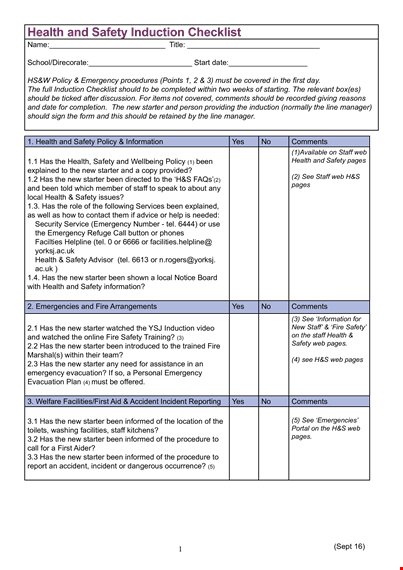 health and safety induction checklist template