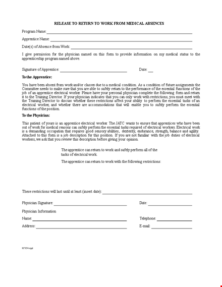 return to work form for electrical apprentices - physician approved template