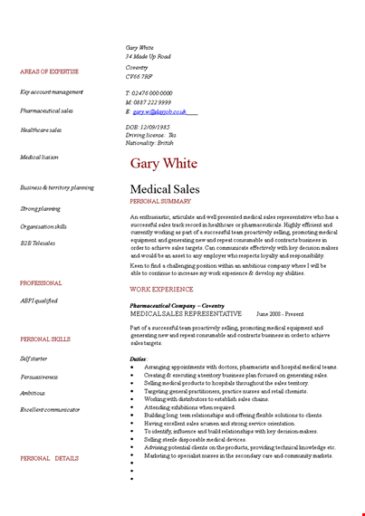 sample medical sales resume template